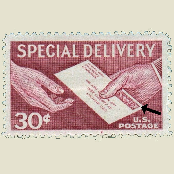 UNITED STATES OF AMERICA - 1954<br><br>Forgotten obliteration<br><br>Special delivery or not, in any case the stamps have to be obliterated. (1/1)